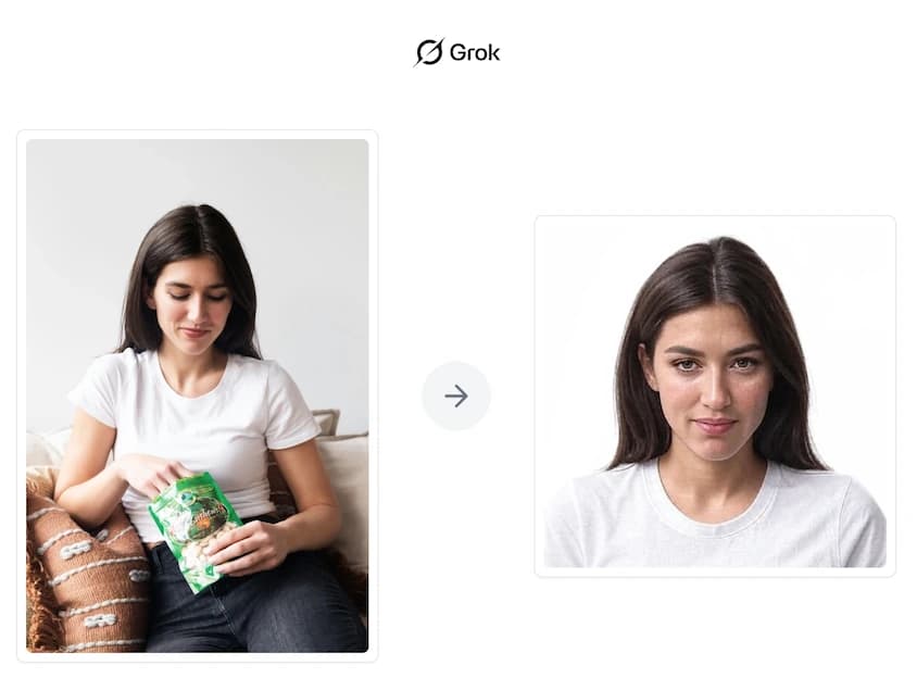 Side-by-side comparison showing a woman casually snacking on the left and an AI-generated passport-style photo on the right