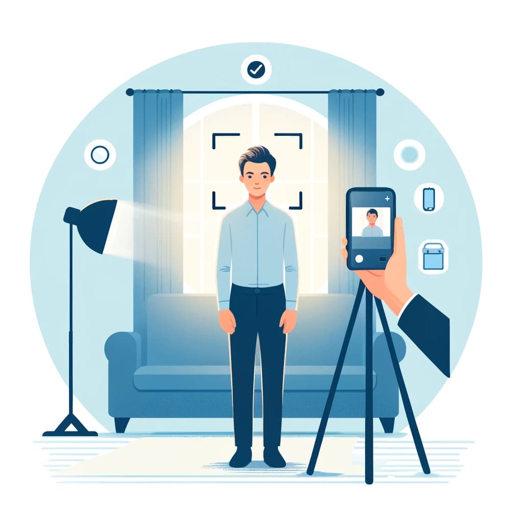 Illustration of a person taking a passport or visa photo at home