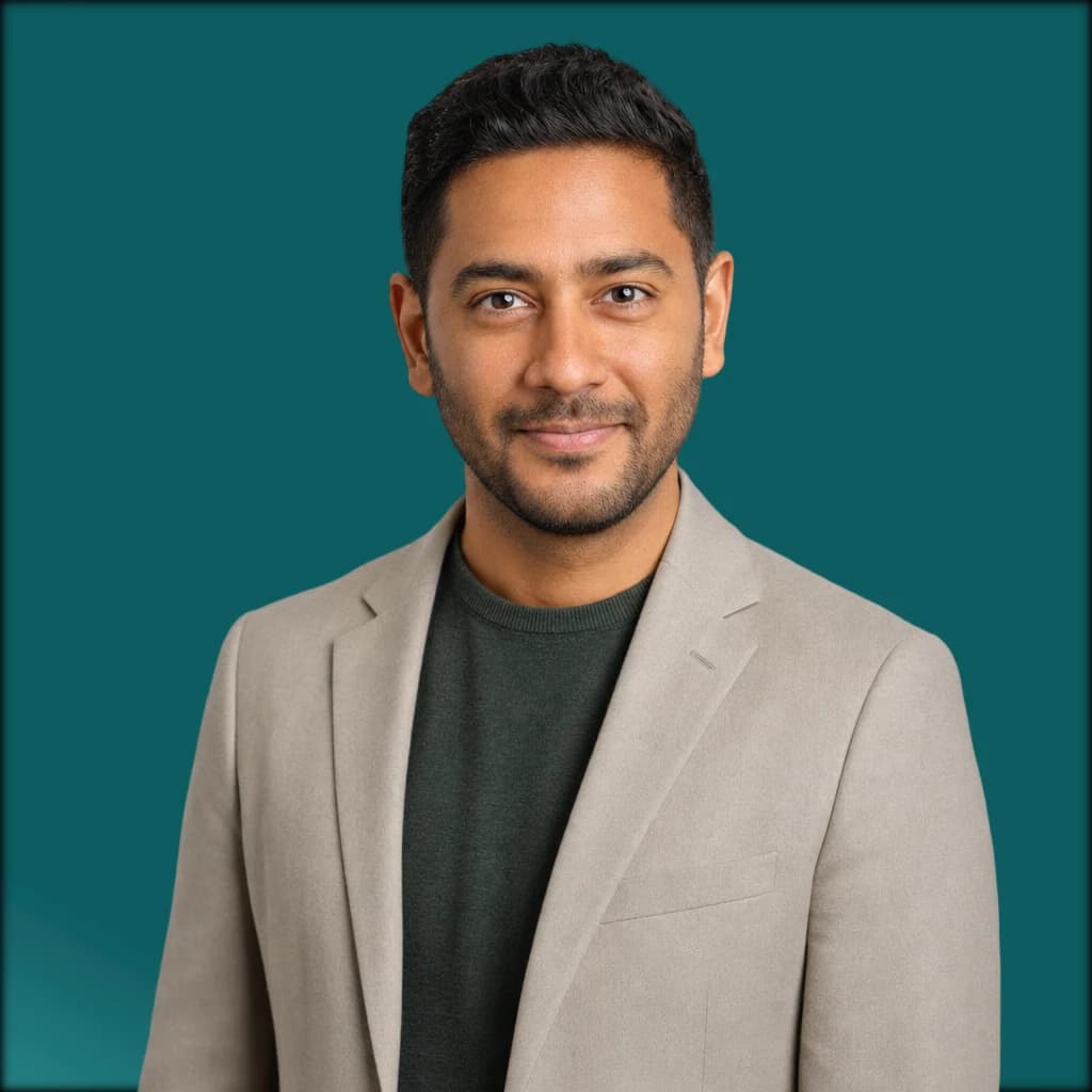 AI-generated Trendy headshot, man — full-figure studio portrait