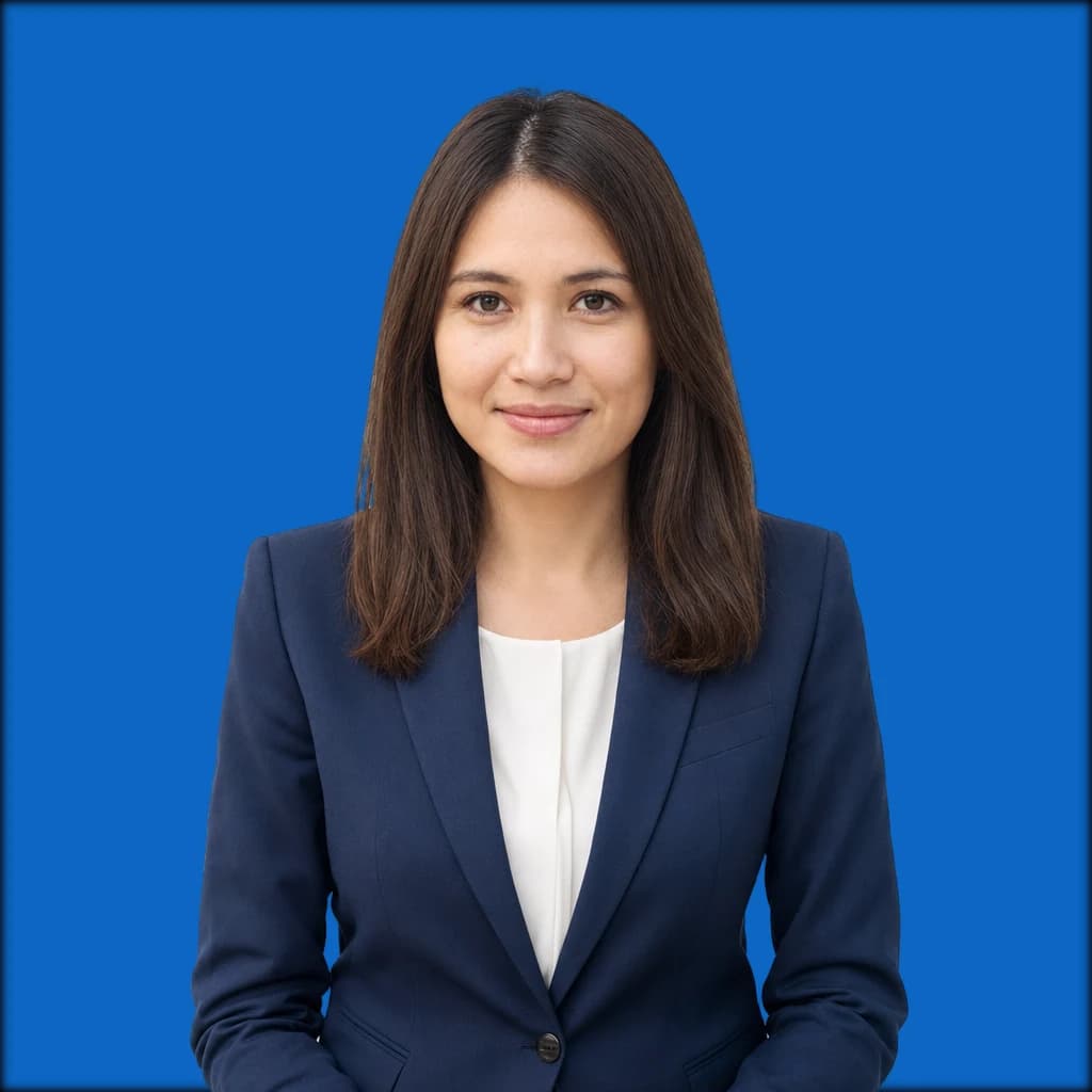 AI-generated Executive headshot, woman — full-figure studio portrait