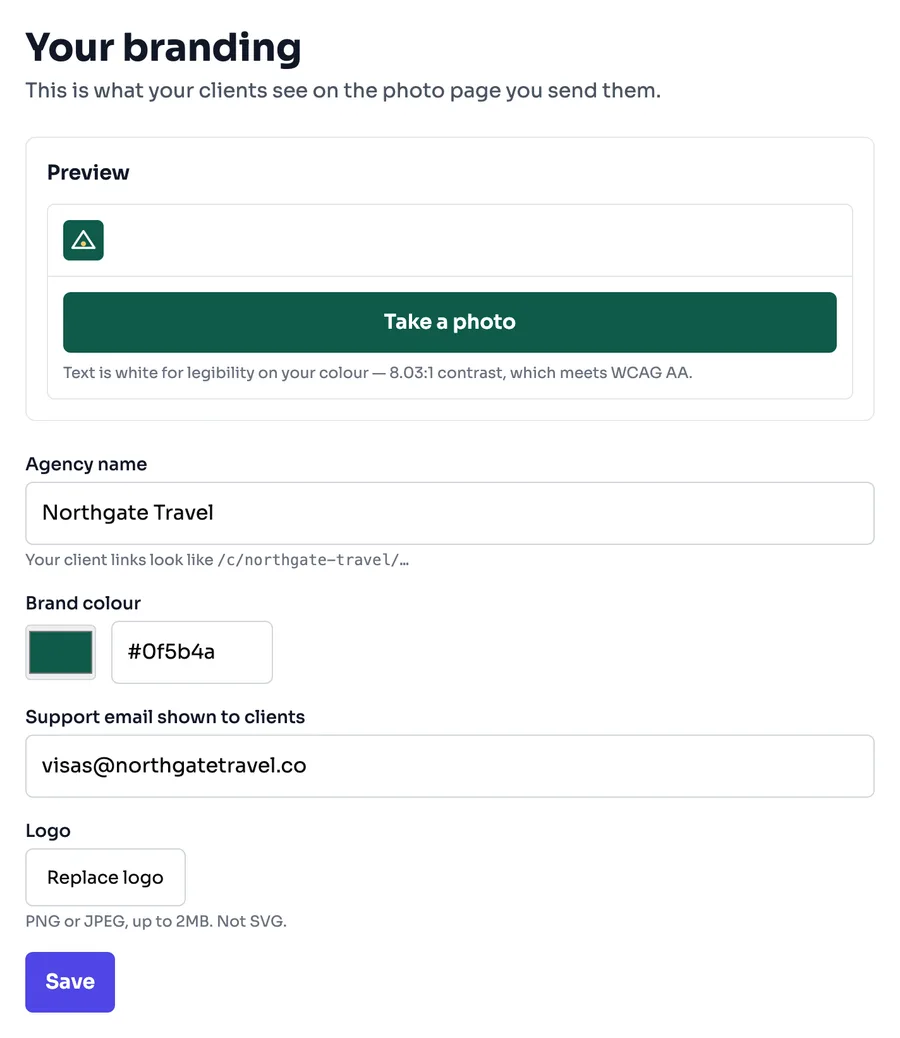 Branding settings, with a live preview of the client page