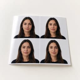 A printed 4×6 sheet of four passport photos