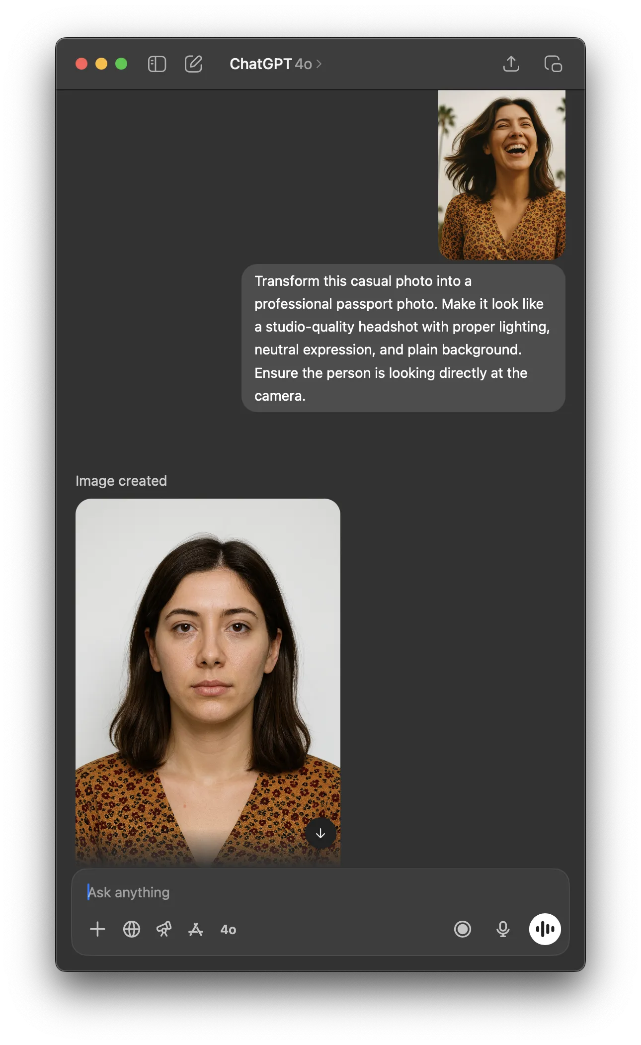 ChatGPT transforming a casual photo into a professional passport photo using the prompt shown above