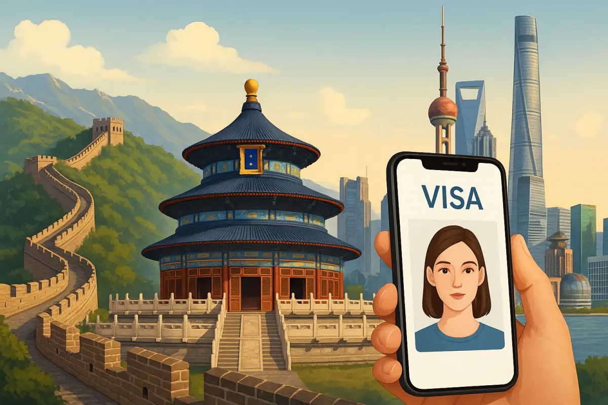 A vibrant montage featuring iconic Chinese landmarks like the Great Wall and Shanghai skyline, with a smartphone displaying a visa photo, symbolizing the ease of Snap2Pass in this new travel landscape