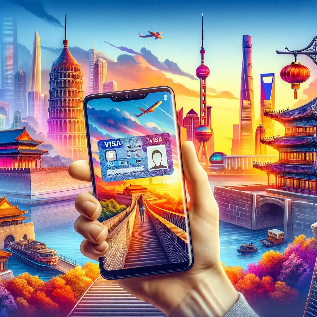  A vibrant montage featuring iconic Chinese landmarks like the Great Wall and Shanghai skyline, with a smartphone displaying a visa photo, symbolizing the ease of Snap2Pass in this new travel landscape