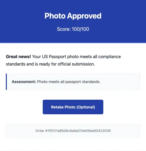 Expert review approval email showing a ChatGPT-generated photo scored 100/100 and was approved for US Passport submission