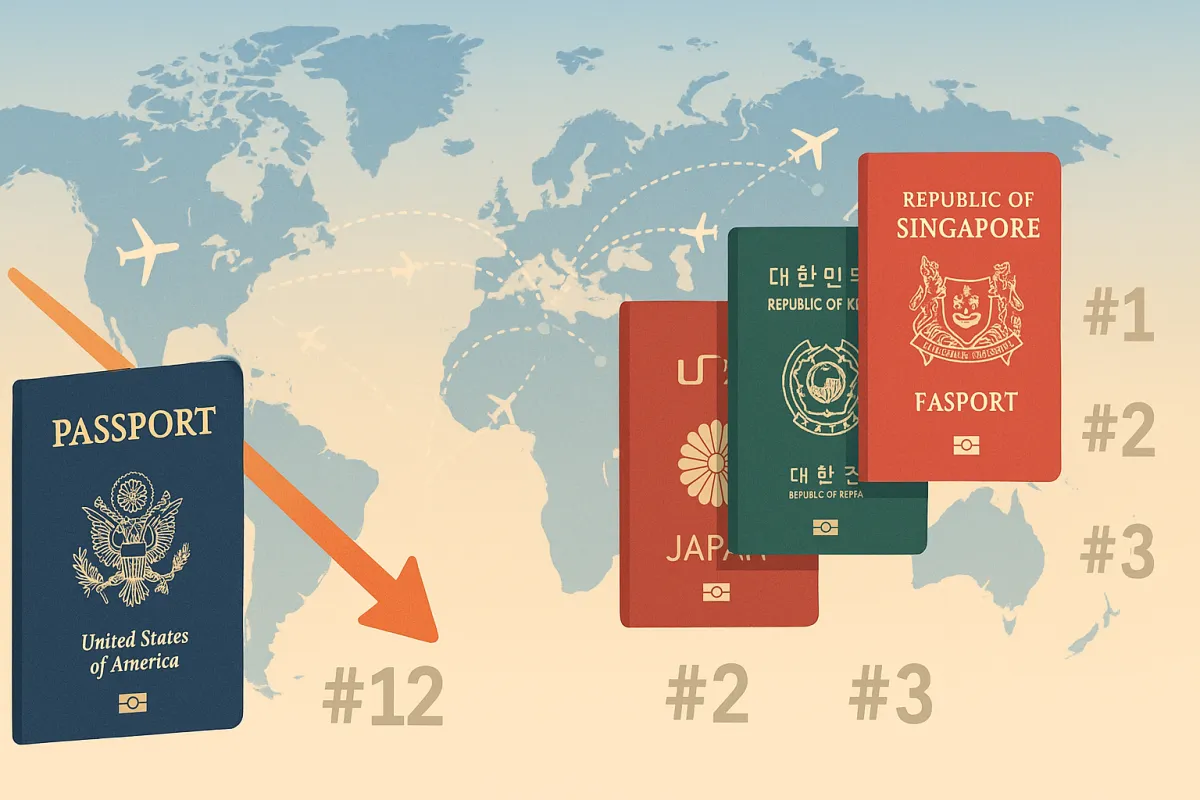 A US passport alongside Asian passports, symbolizing the shift in global mobility power from the United States to Asia-Pacific nations