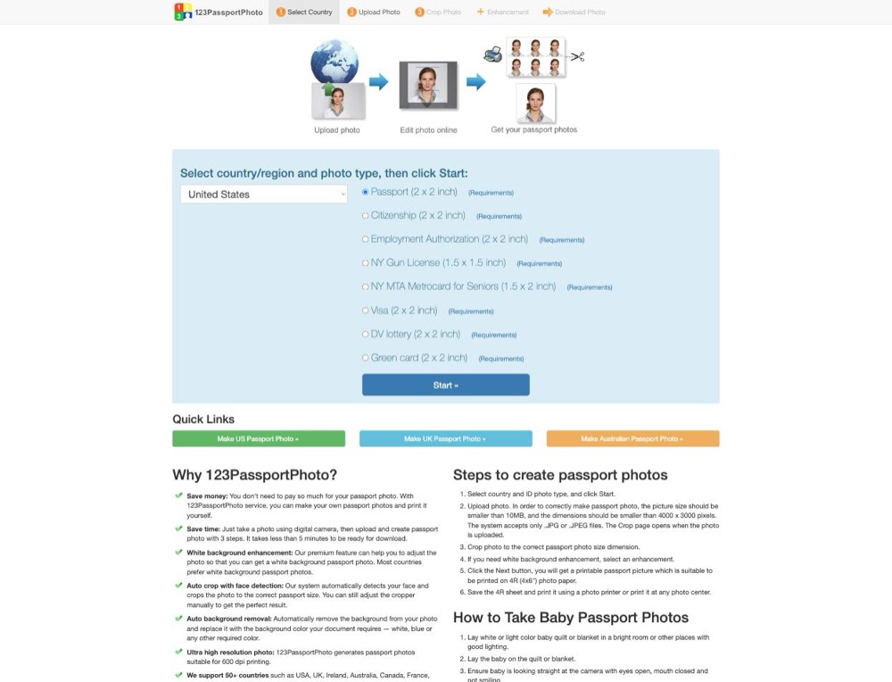 123PassportPhoto free five-step passport photo wizard