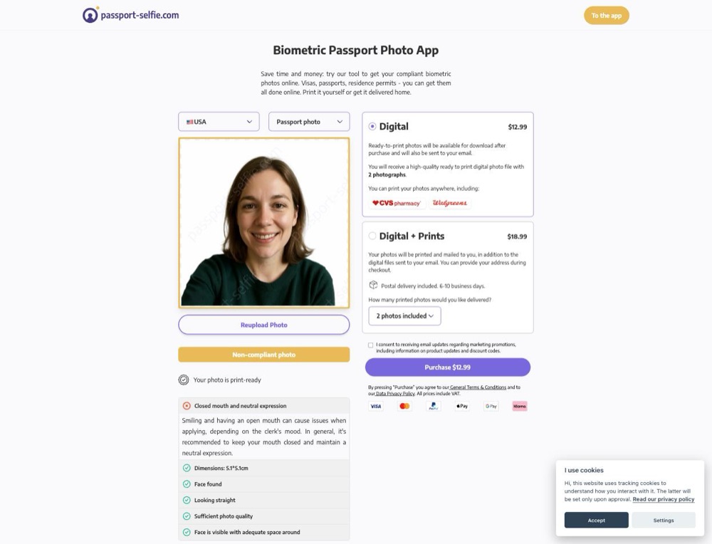 Passport-Selfie checkout showing $12.99 and a non-compliant photo warning
