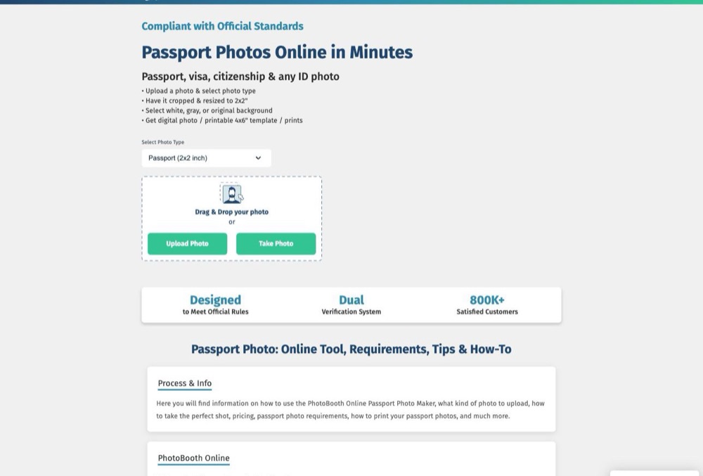 PhotoBooth Online upload screen for US passport photos