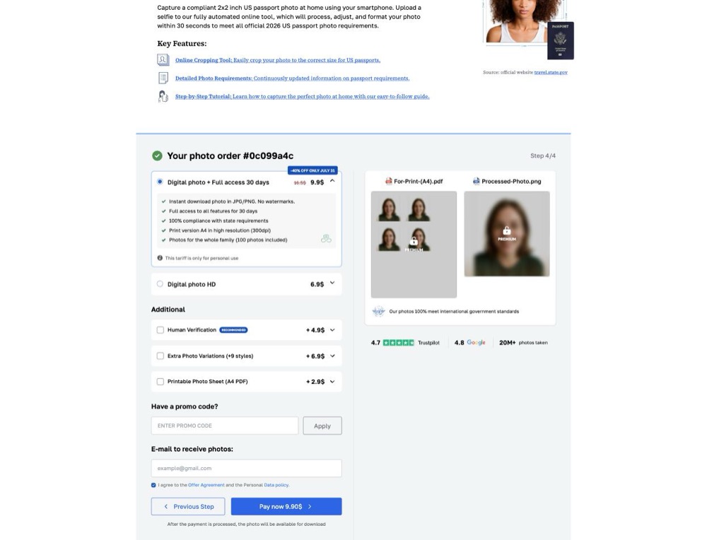 PhotoGov checkout defaulting to a $9.90 30-day access plan with a fake discount timer