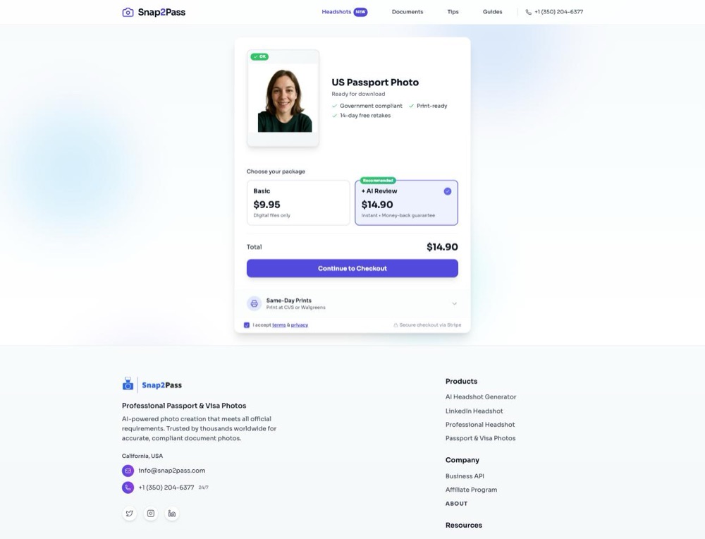 Snap2Pass checkout showing a $9.95 digital and $14.90 AI-review option