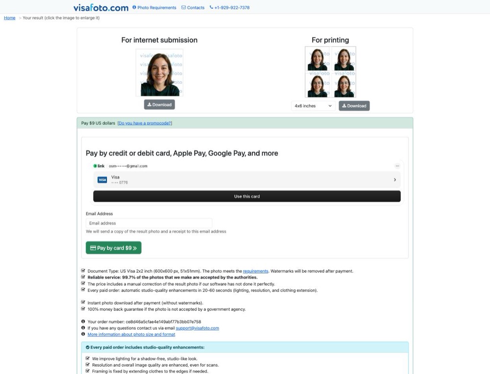 Visafoto checkout showing a flat $9 price with digital and print options