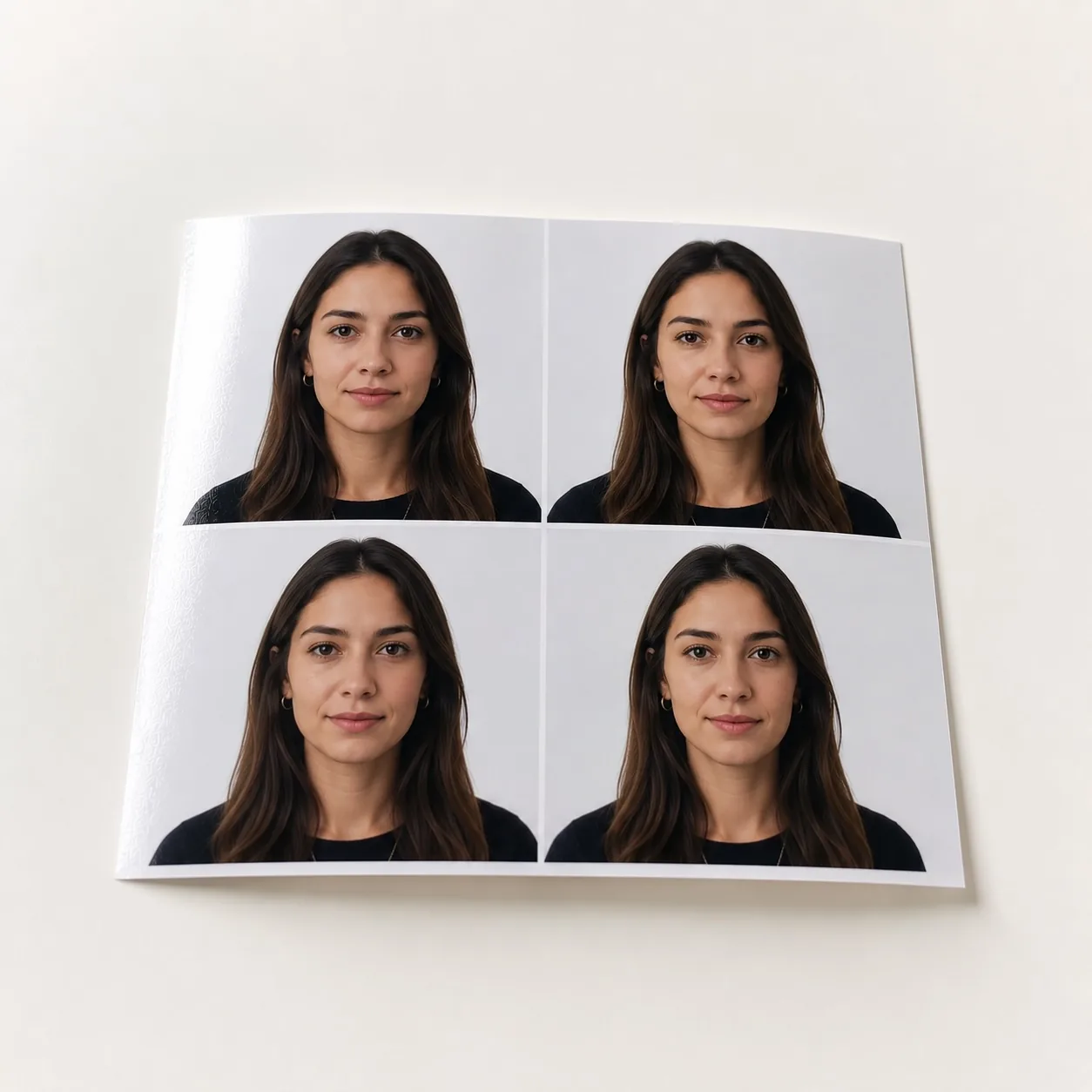 Printed sheet of four compliant passport photos generated from one selfie